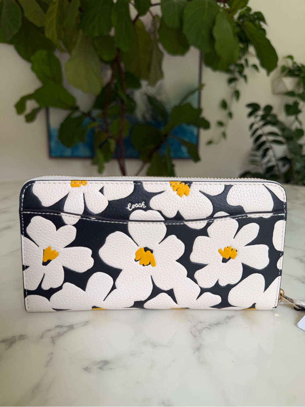 NWT COACH Accordion Zip Wallet With Floral Print CR549 Chalk Black Yellow Brass - Picture 3 of 10